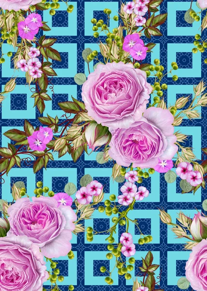 Φλοράλ άνευ ραφής. Ανθοδετική, μπουκέτο από λεπτή όμορφη ροζ τριαντάφυλλα, πράσινο μούρα, φύλλα. — Φωτογραφία Αρχείου