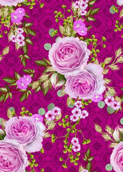 Φλοράλ άνευ ραφής. Ανθοδετική, μπουκέτο από λεπτή όμορφη ροζ τριαντάφυλλα, πράσινο μούρα, φύλλα. — Φωτογραφία Αρχείου