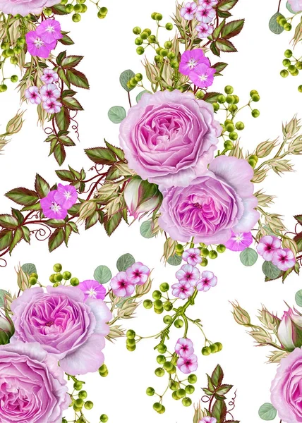 Naadloze bloemmotief. Bloemstuk, boeket van delicaat mooie roze rozen, groene bessen, bladeren. — Stockfoto