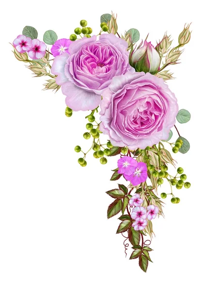 Blomma sammansättning. Krans, krans med delikat vackra rosa rosor och gröna blad. Isolerad på vit bakgrund. — Stockfoto