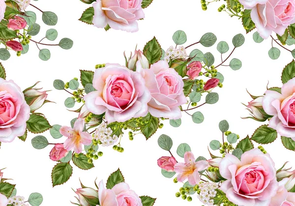 Florales nahtloses Muster. Blumenschmuck, Bouquet zarter rosa Rosen, grüner Beeren, Blätter. — Stockfoto