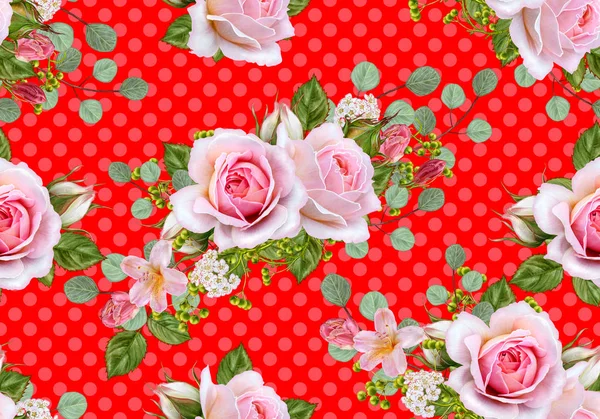Floral seamless pattern. Flower arrangement, bouquet of delicate beautiful pink roses, green berries, leaves. — Stock Photo, Image
