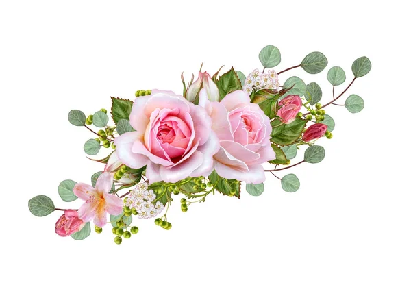Composição da flor. Grinalda, guirlanda de belas rosas rosa delicadas e folhas verdes. Isolado sobre fundo branco . — Fotografia de Stock