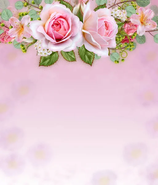Floral background. Garland of flowers, tender pink roses, berries and leaves. Greeting card, invitation, business card. — Stock Photo, Image