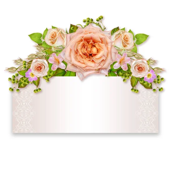Květinové pozadí. S pozdravem vintage pohlednice, pastelových tónů, starý styl. Aranžování květin z růžových růží. — Stock fotografie