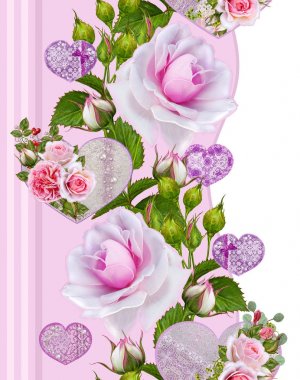 Çiçek seamless modeli. Çiçek aranjmanı, hassas güzel pembe güller, yeşil meyveler, buket bırakır. Kalp şeklinde rakamlar. 