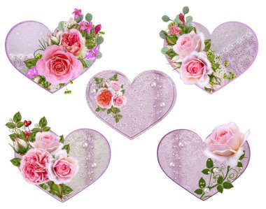 Kalp, nazik pembe pastel gül şeklinde resimler. Tebrik kartı, davetiye, kartvizit. Sevgililer günü severler.