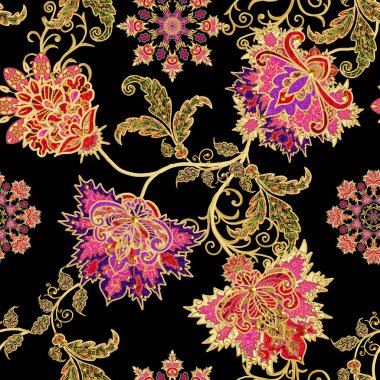 Seamless modeli yatay kenarlık. Altın dokulu bukleler. Parlak dantel, stilize çiçekler. Narin, altın arka plan, Paisley dokuma Ajur.