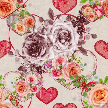 Çiçek seamless modeli. Çiçek aranjmanı, hassas güzel pembe güller, yeşil meyveler, buket bırakır. Kalp şeklinde rakamlar. 