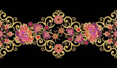 Seamless modeli yatay kenarlık. Altın dokulu bukleler. Parlak dantel, stilize çiçekler. Narin, altın arka plan, Paisley dokuma Ajur.