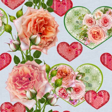 Çiçek seamless modeli. Çiçek aranjmanı, hassas güzel pembe güller, yeşil meyveler, buket bırakır. Kalp şeklinde rakamlar. 