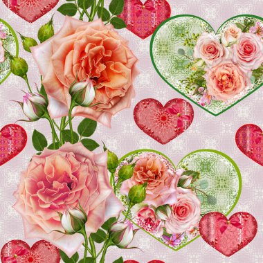 Çiçek seamless modeli. Çiçek aranjmanı, hassas güzel pembe güller, yeşil meyveler, buket bırakır. Kalp şeklinde rakamlar. 