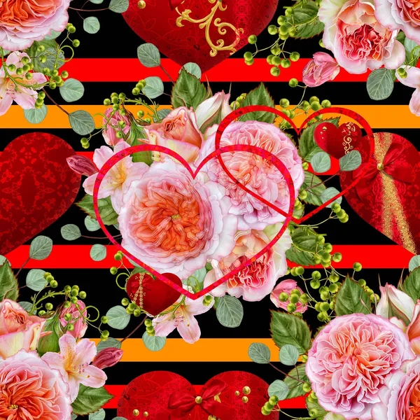 Floral seamless pattern. Flower arrangement, bouquet of delicate beautiful pink roses, green berries, leaves. Figures in the form of heart. — Stock Photo, Image