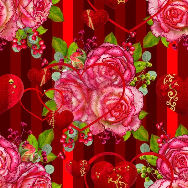 Floral seamless pattern. Flower arrangement, bouquet of delicate beautiful pink roses, green berries, leaves. Figures in the form of heart. — Stock Photo, Image