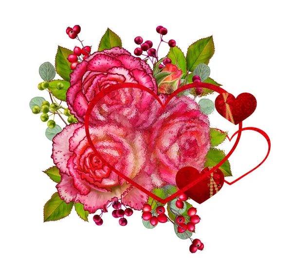 Květinové pozadí. Věnec z květin, nabídka růžových růží, plody a listy. Blahopřání, pozvánky, vizitky. Údaje v podobě srdce, Valentýn milenci. — Stock fotografie