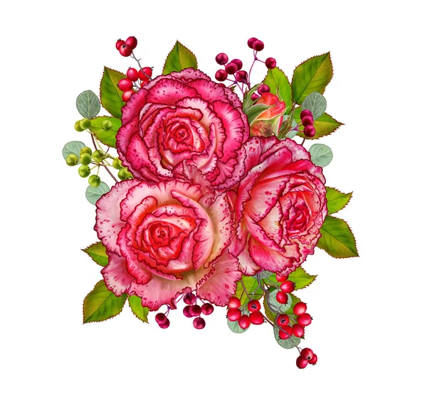 Fundo floral. Guirlanda de flores, rosas rosa concurso, bagas e folhas. Cartão de saudação, convite, cartão de visita, amantes do Dia dos Namorados . — Fotografia de Stock