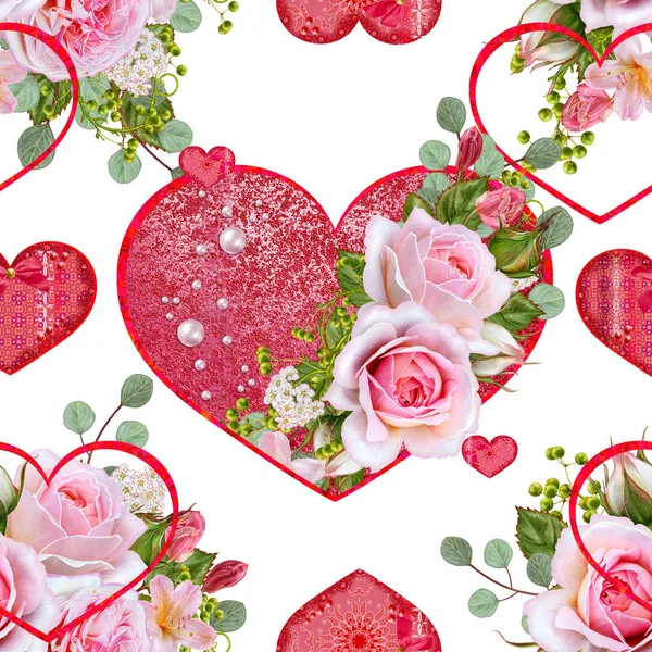 Florales nahtloses Muster. Blumenarrangement, Bouquet von zarten rosa Rosen, grünen Beeren, Blättern. Figuren in Herzform. — Stockfoto