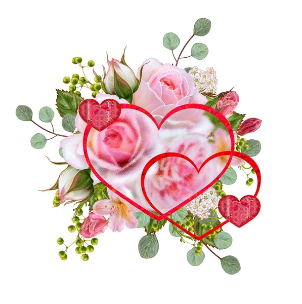 Fondo floral. Guirnalda de flores, rosas rosadas, bayas y hojas. Tarjeta de felicitación, invitación, tarjeta de visita. Figuras en forma de corazón, Amantes del Día de San Valentín . —  Fotos de Stock