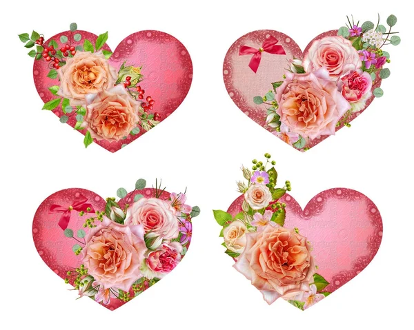 Figurines en forme de coeur, douces roses pastel rose. Carte de vœux, invitation, carte de visite. Amoureux de la Saint-Valentin . — Photo