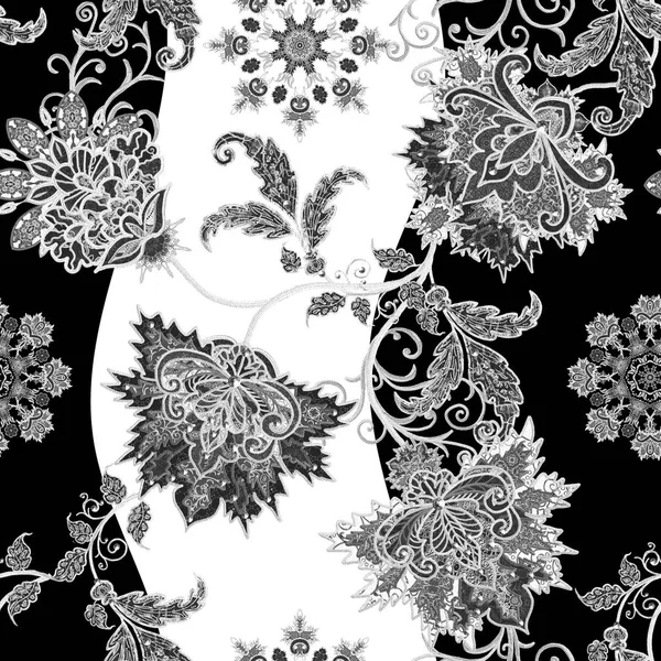 완벽 한 패턴입니다. 화려한 레이스, 양식에 일치 시키는 꽃입니다. 비쳐 섬세 한 직물 페이 즐 리입니다. 흑백 트레이 서 리, openwork 곱슬. — 스톡 사진