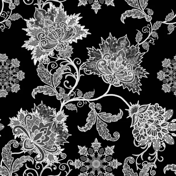 Nahtloses Muster. Brillante Spitze, stilisierte Blumen. durchbrochene Webarbeiten zart, paisley. Monochromes Geflecht, durchbrochene Locken. — Stockfoto