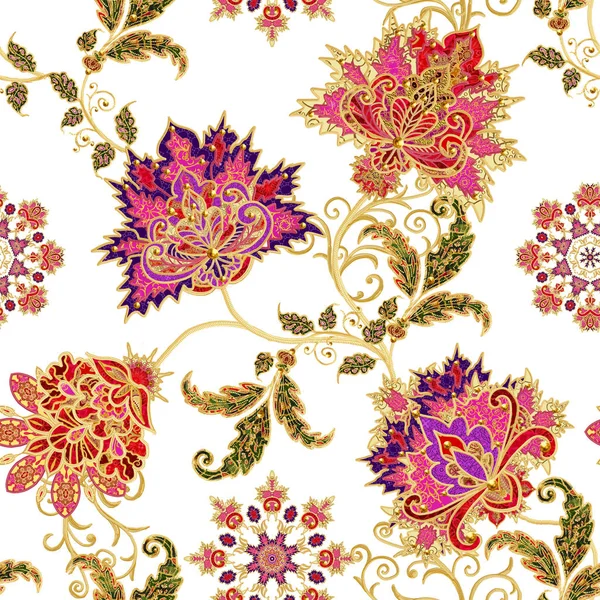 Vzor bezešvé horizontální hranice. Zlaté texturou kadeře. Brilantní krajky, stylizované květiny. Prolamované tkaní delikátní, zlaté pozadí, Paisley. — Stock fotografie
