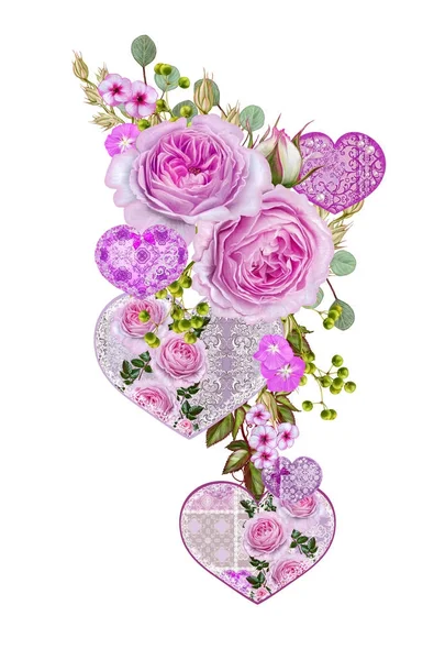 Fondo floral. Guirnalda de flores, rosas rosadas, bayas y hojas. Tarjeta de felicitación, invitación, tarjeta de visita. Figuras en forma de corazón, Amantes del Día de San Valentín . — Foto de Stock