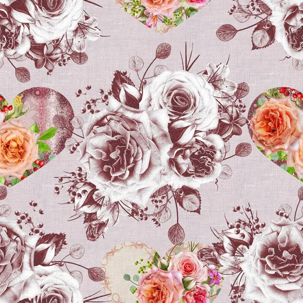 Floral seamless pattern. Flower arrangement, bouquet of delicate beautiful pink roses, green berries, leaves. Monochrome tracery.  Figures in the form of heart.