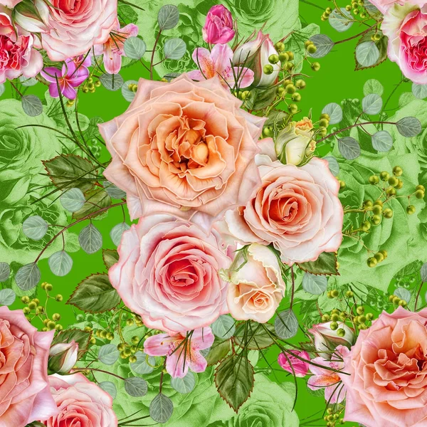 Sömlös blommönster. Blomsterarrangemang, bukett av delikat vackra rosa rosor, gröna bär, lämnar. — Stockfoto