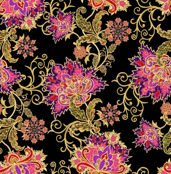 Vzor bezešvé horizontální hranice. Zlaté texturou kadeře. Brilantní krajky, stylizované květiny. Prolamované tkaní delikátní, zlaté pozadí, Paisley. — Stock fotografie
