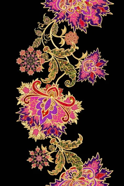 Naadloze patroon horizontale rand. Gouden getextureerde krullen. Briljante lace, gestileerde bloemen. Opengewerkte weven van fijne, gouden achtergrond, Paisley. — Stockfoto