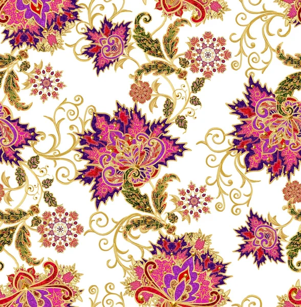 Borda horizontal sem costura padrão. Cachos texturizados dourados. Renda brilhante, flores estilizadas. Openwork tecelagem delicada, fundo dourado, Paisley . — Fotografia de Stock