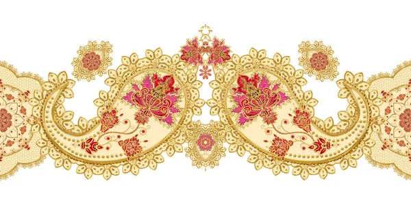 Modèle sans couture bordure horizontale. Boucles texturées dorées. Dentelle brillante, fleurs stylisées. Tissage ajouré délicat, fond doré, Paisley . — Photo