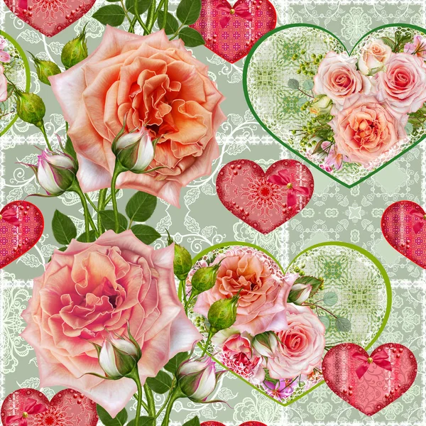 Padrão sem costura floral. Arranjo de flores, buquê de belas rosas rosa delicadas, bagas verdes, folhas. Figuras na forma de coração . — Fotografia de Stock