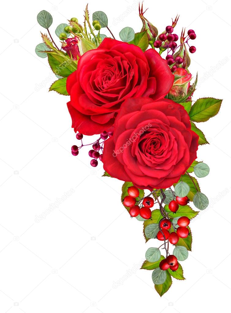 Floral background. Garland of flowers, tender pink roses, berries and leaves. Greeting card, invitation, business card, Valentine's Day lovers.