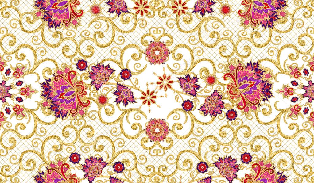 Seamless pattern horizontal border. Golden textured curls. Brilliant lace, stylized flowers. Openwork weaving delicate, golden background, Paisley.