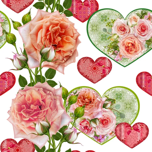 Motivo floreale senza cuciture. Disposizione floreale, bouquet di delicate rose rosa belle, bacche verdi, foglie. Figure sotto forma di cuore . — Foto Stock