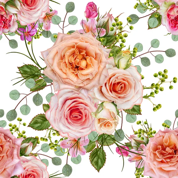 Florales nahtloses Muster. Blumenschmuck, Bouquet zarter rosa Rosen, grüner Beeren, Blätter. — Stockfoto