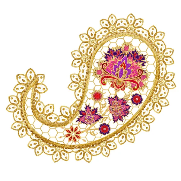 Gold Indian cucumber, paisley. Stylized flowers, openwork weaving, lace, textile packing element east design. — Stock Photo, Image