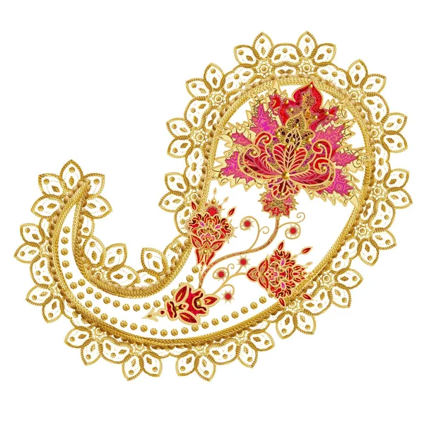 Pepino indio dorado, paisley. Flores estilizadas, tejido calado, encaje, elemento de embalaje textil diseño oriental . — Foto de Stock