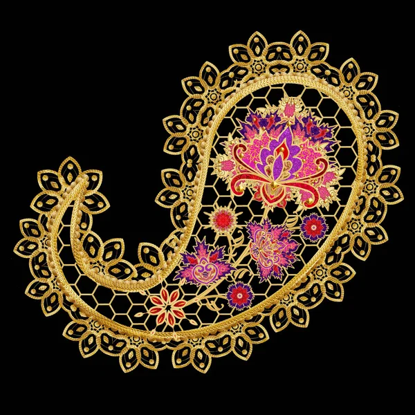Золото Індійська огірок, paisley. Стилізованих квітів, ажурні плетіння мережива, текстильна елемент Сходу дизайн упаковки. — стокове фото