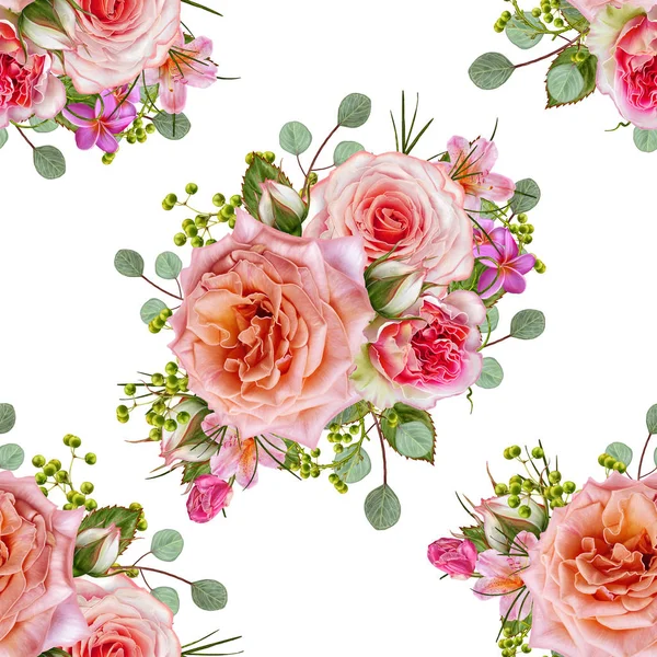 Sömlös blommönster. Blomsterarrangemang, bukett av delikat vackra rosa rosor, gröna bär, lämnar. — Stockfoto