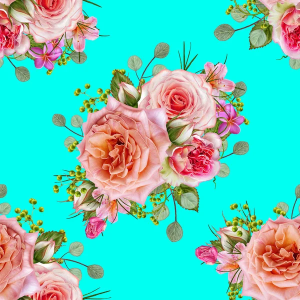 Florales nahtloses Muster. Blumenschmuck, Bouquet zarter rosa Rosen, grüner Beeren, Blätter. — Stockfoto