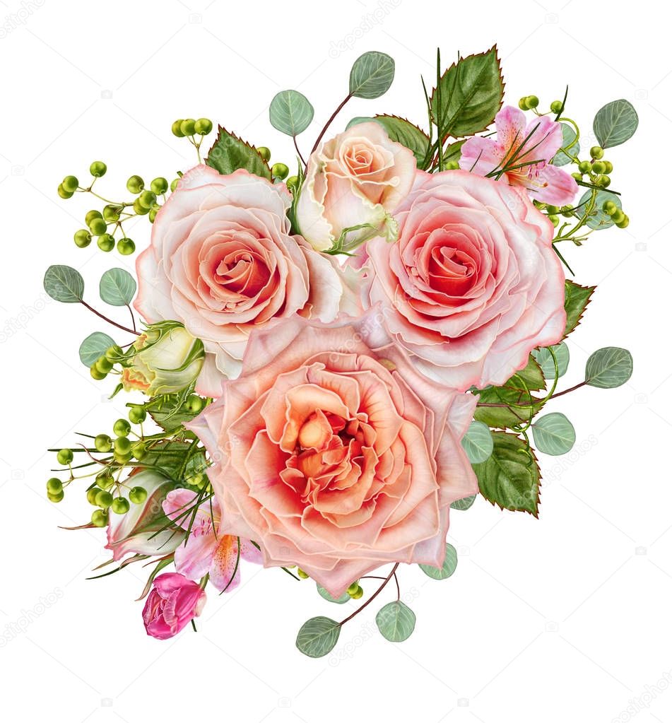 Flower composition. A bud of tender pastel orange roses, green leaves. Isolated on white background.
