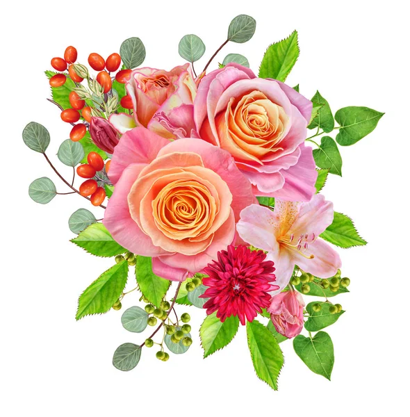 Květinové pozadí. Věnec z květin, nabídka růžových růží, berrie — Stock fotografie