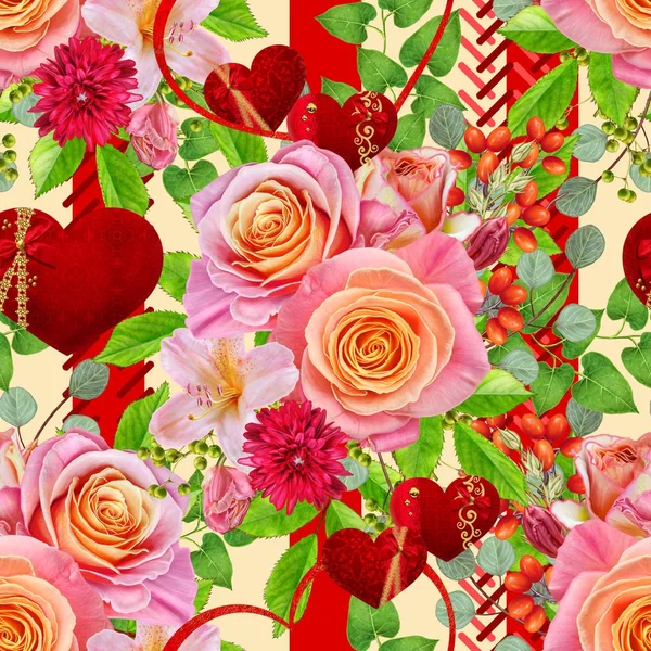 Naadloze bloemmotief. Bloemstuk. Garland van bloemen, heldere rode rozen, groene bessen, verlaat. Cijfers in de vorm van een hart. Aftelkalender voor Valentijnsdag liefhebbers. — Stockfoto