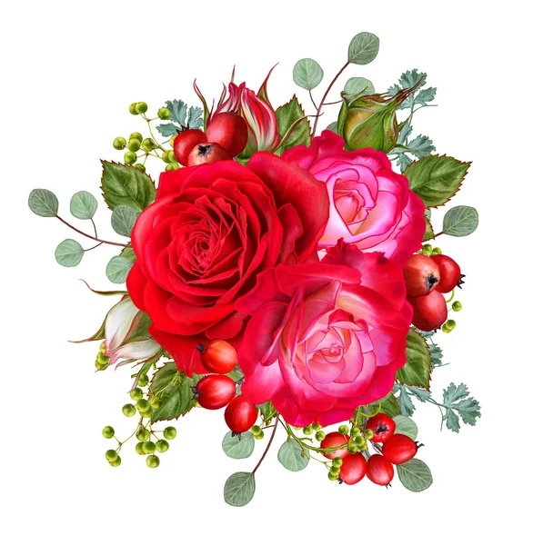 Patrón sin costura floral. Arreglo floral. Guirnalda de flores, rosas de color rojo brillante, bayas verdes, hojas. Figuras en forma de corazón. Amantes del Día de San Valentín . —  Fotos de Stock