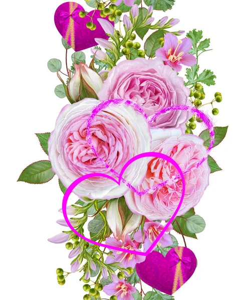 Sömlös blommönster. Blomsterarrangemang, bukett av delikat vackra rosa rosor, gröna bär, blad. Siffror i form av hjärta. Alla hjärtans dag älskare. — Stockfoto