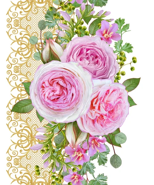 Patrón sin costura floral. Arreglo floral, ramo de delicadas rosas rosadas, bayas verdes, hojas. Rizos dorados texturizados. Encaje brillante, flores estilizadas. Tejido calado delicado . — Foto de Stock