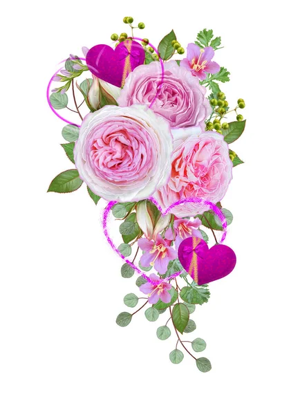 Florale achtergrond. Garland van bloemen, teder roze rozen, bessen en bladeren. Wenskaart, uitnodiging, visitekaartje. Cijfers in de vorm van hart, Valentine's Day liefhebbers. — Stockfoto
